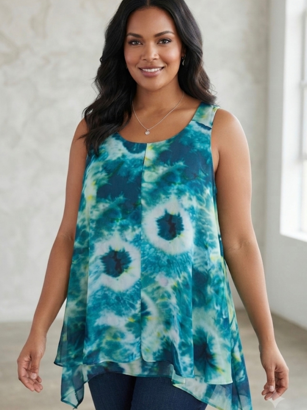 Zac & Rachel Teal Tie-Dye Sleeveless Layered Tunic SKU 0238